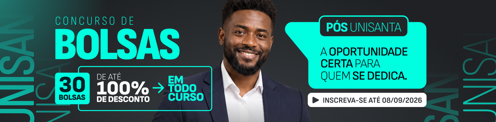 Participe do Concurso de Bolsas de Pós-Graduação Presencial da Unisanta e garanta descontos exclusivos. Inscreva-se e impulsione sua carreira.