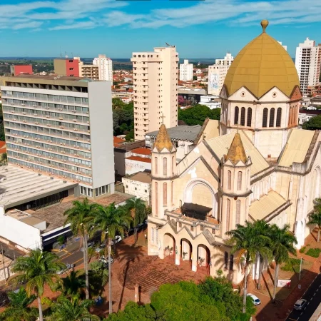 Vista aérea da Igreja Matriz de São Bento e da Praça da Independência, em Araraquara, São Paulo. A fachada da igreja é amplamente visível, cercada por vegetação. Sete palmeiras se destacam na praça, duas de um lado e cinco do outro, junto a outras árvores, cujas copas são vistas de cima.